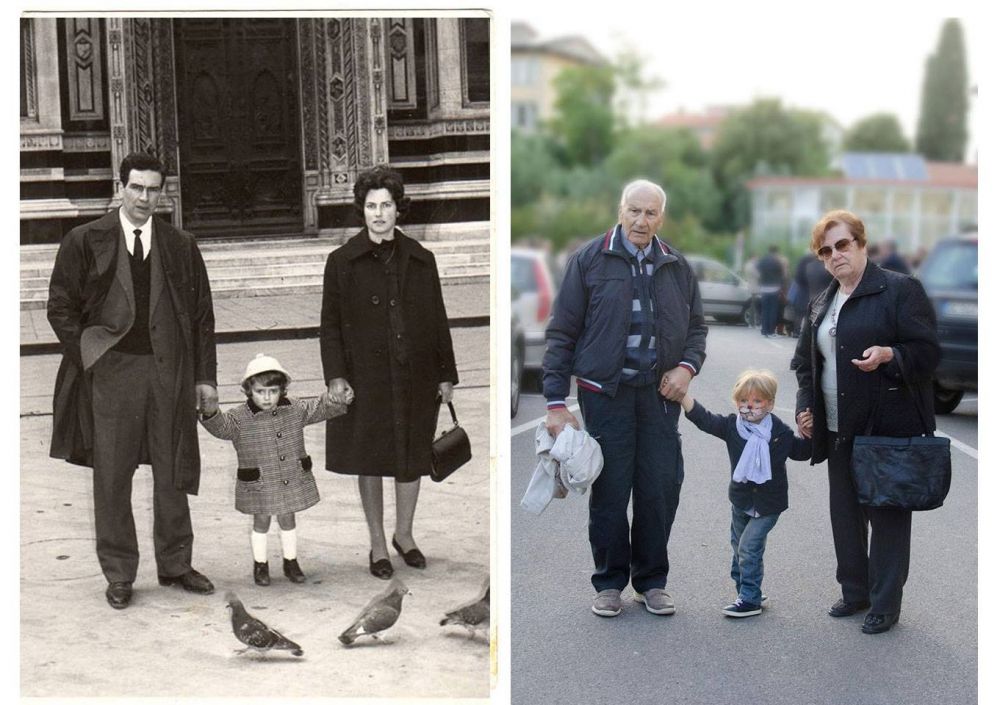 realizzazione di scatto fotografico con stessa posizione di un vecchio scatto di famiglia